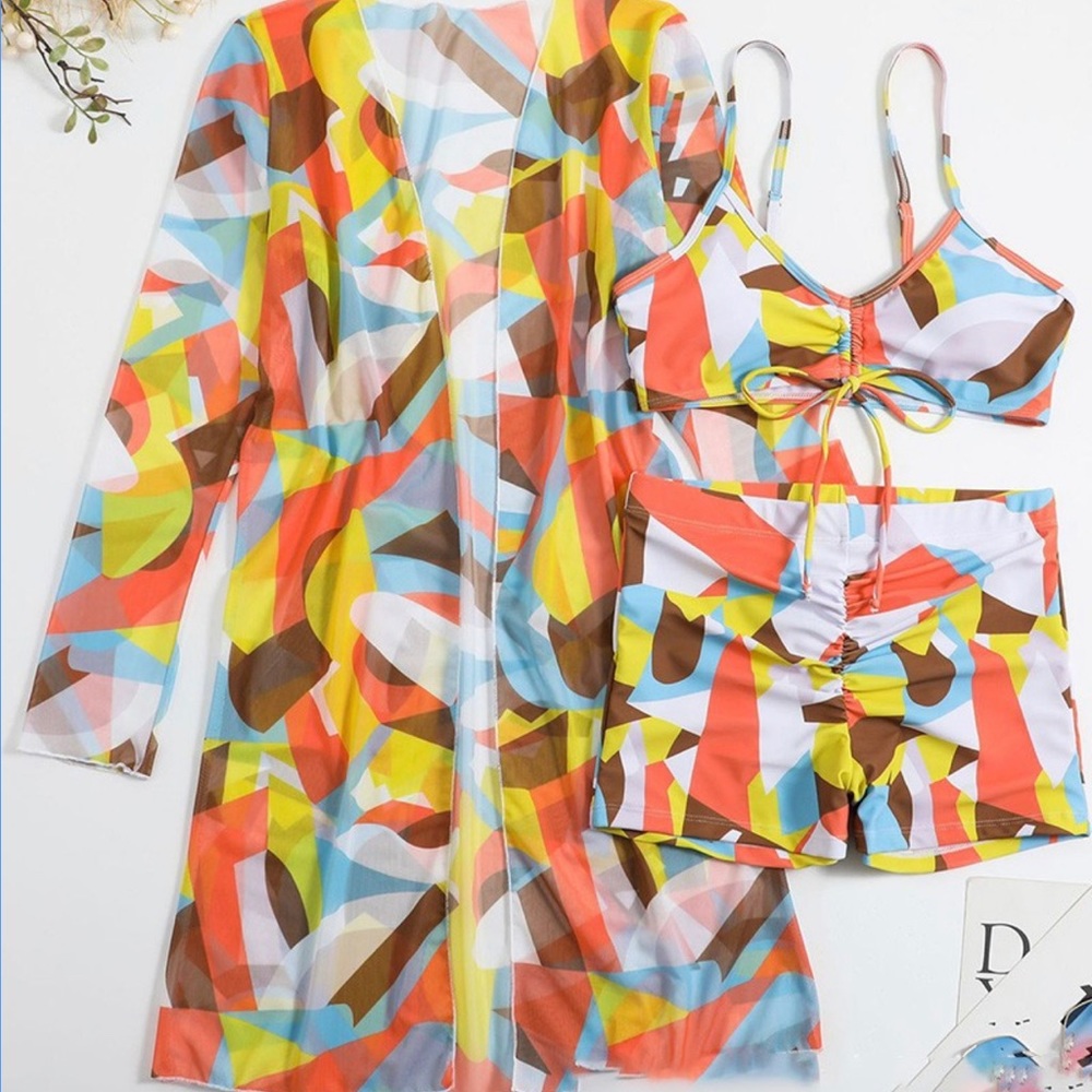 3PCS Colorblock Drawstring Bikini Set With Cover Up - Picture 2 of 2